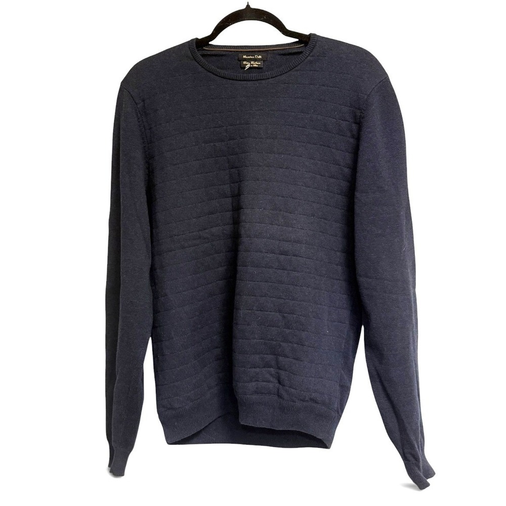 Massimo Dutti Mens Navy Blue Cotton Cashmere Textured Crew Neck Sweater Size L